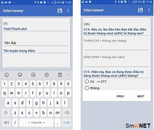 Câu hỏi khảo sát hiển thị trên máy tính bảng