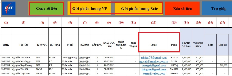 File bảng lương với thông tin email và password sau khi được copy vào phần mềm